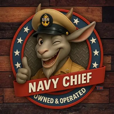 Navy Chief Owned and Operated badge featuring a goat in a Navy Chief uniform