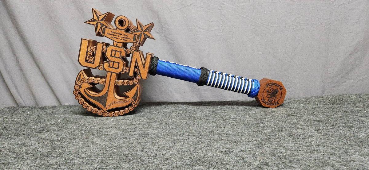 Custom USN anchor mallet with blue and white wrapped handle