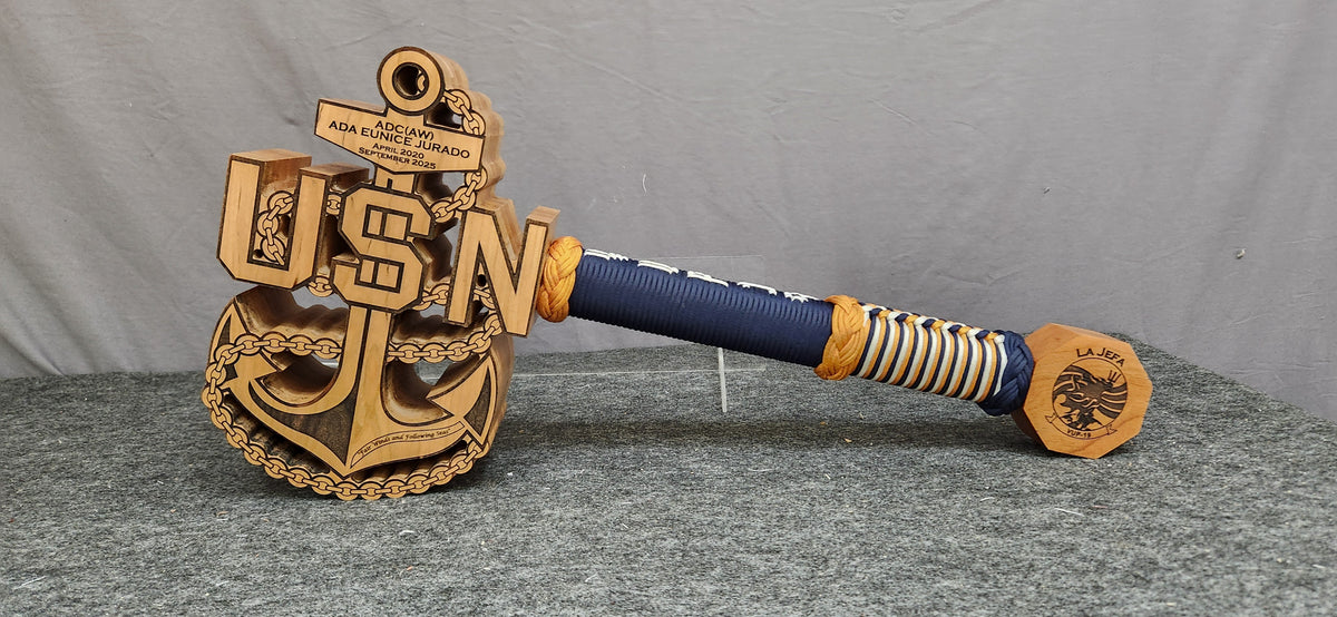 Finished custom USN anchor mallet with engraved head and wrapped handle
