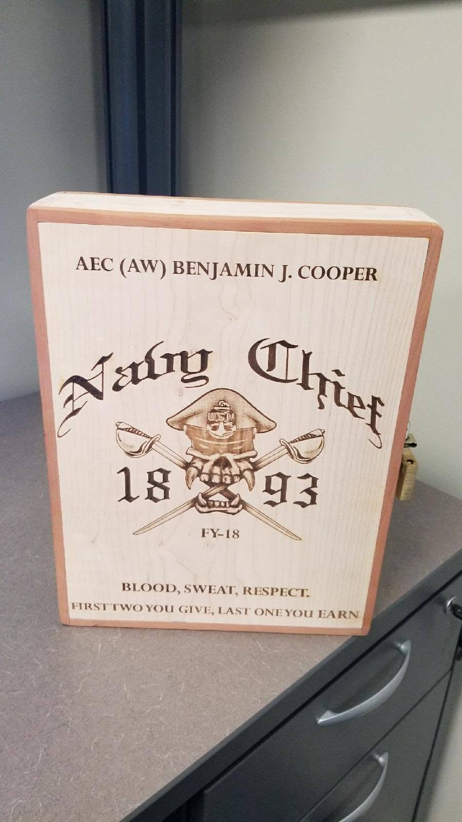 Personalized Chief vessel with Navy Chief engraving and contrasting wood frame