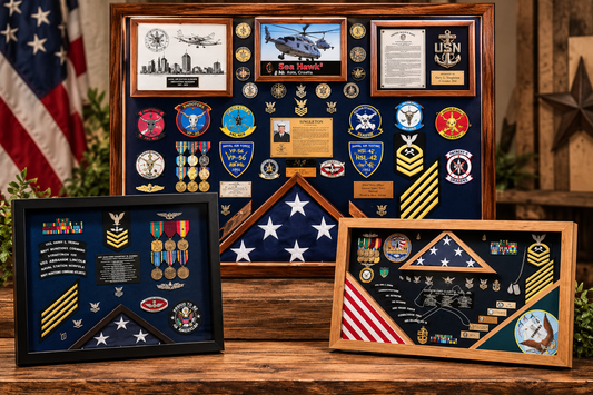 Three wooden retirement shadowboxes displaying flags, medals, patches, and Navy insignia