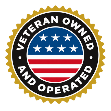 Veteran Owned and Operated seal with stars and red, white, and blue flag bands