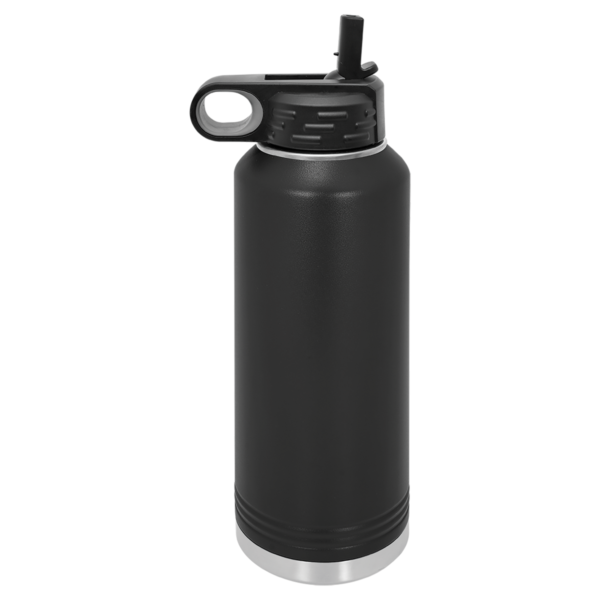 A black stainless steel or powder coated, double wall vacuum insulated water bottle with a pop up drinking spout.